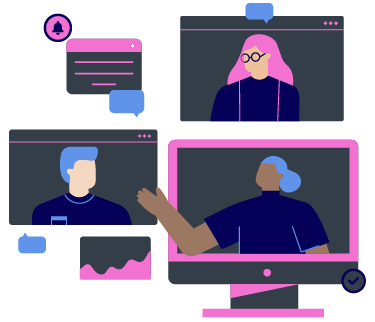 multiple screens with illustrated people on each screen talking to each other