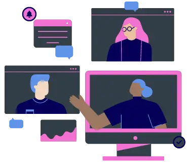 multiple screens with illustrated people on each screen talking to each other
