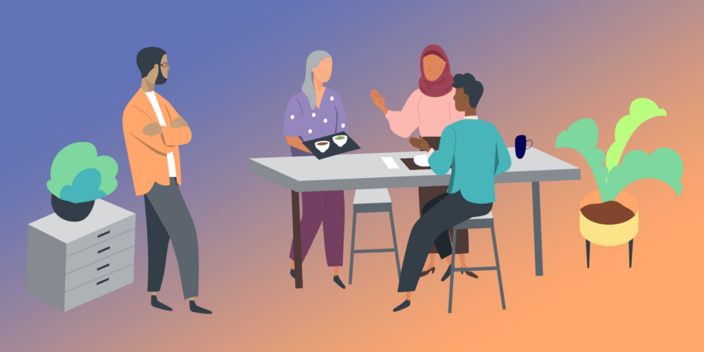 employees at a table graphic