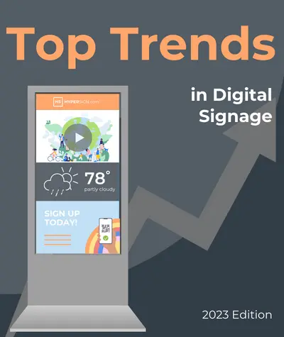 digital signage screen with examples of content with top trends written above