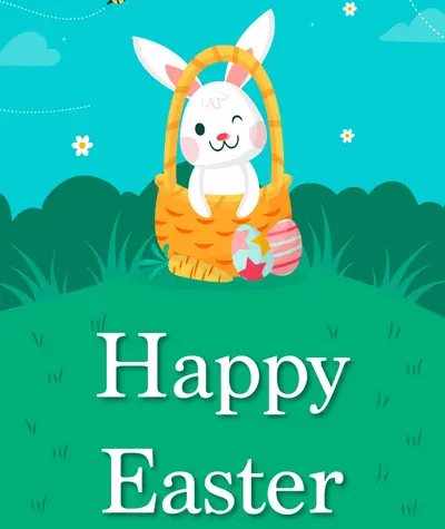 vector bunny sitting in an easter basket on a grassy hill with "happy easter" underneath