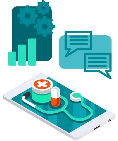 vector graphic of cell phone with hospital elements on top